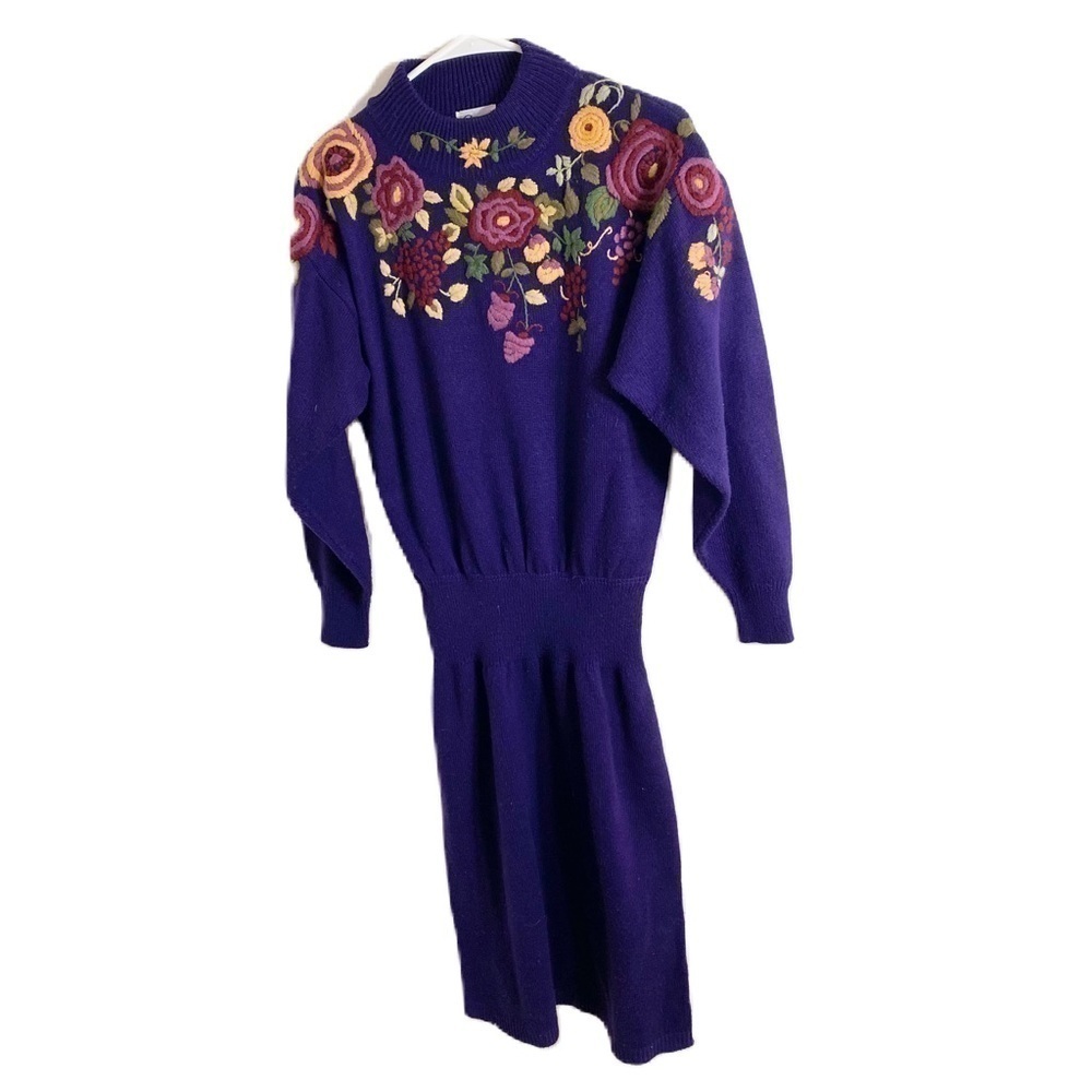 Vintage Darian Knit Floral Sweater Dress Medium Turtleneck Women’s Purple Green